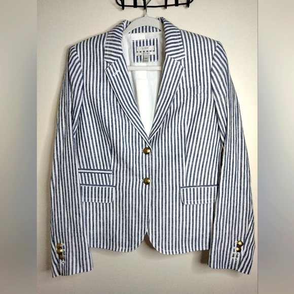 J. Crew Jackets & Blazers - J. Crew (Size 12) Blue & White Linen Classic Striped Schoolboy Blazer (Like New)